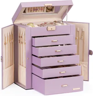 Homde Jewelry Box Large for Women: 6 Layers 5 Drawers Organizer with Mirror for Ring Earring Necklace - Storage Holder with Lock for Dresser (Gray Purlpe)