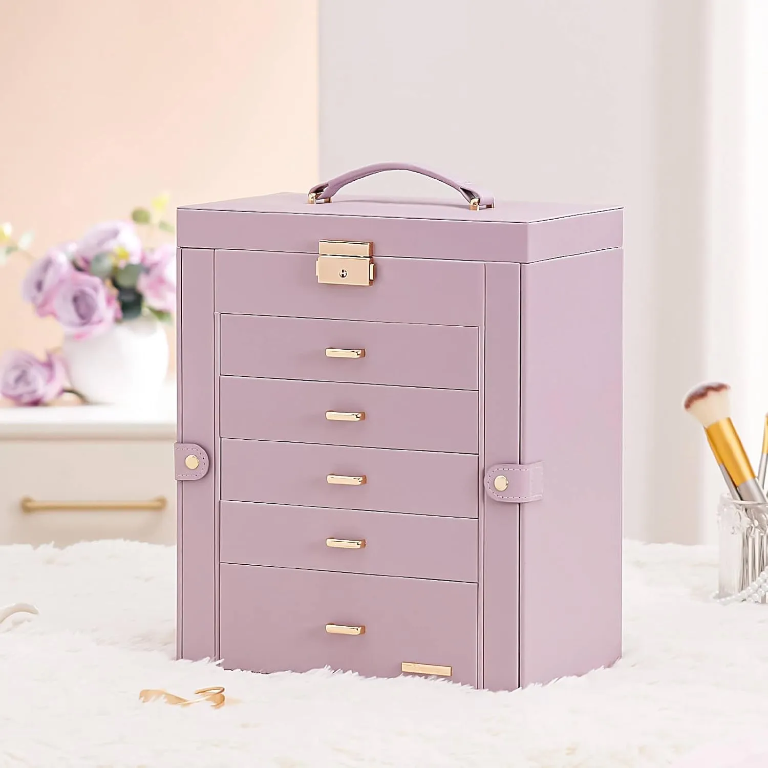 Homde Jewelry Box Large for Women: 6 Layers 5 Drawers Organizer with Mirror for Ring Earring Necklace - Storage Holder with Lock for Dresser (Gray Purlpe)