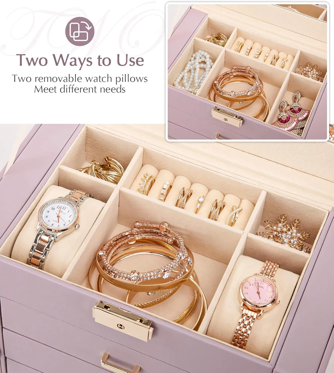 Homde Jewelry Box Large for Women: 6 Layers 5 Drawers Organizer with Mirror for Ring Earring Necklace - Storage Holder with Lock for Dresser (Gray Purlpe)