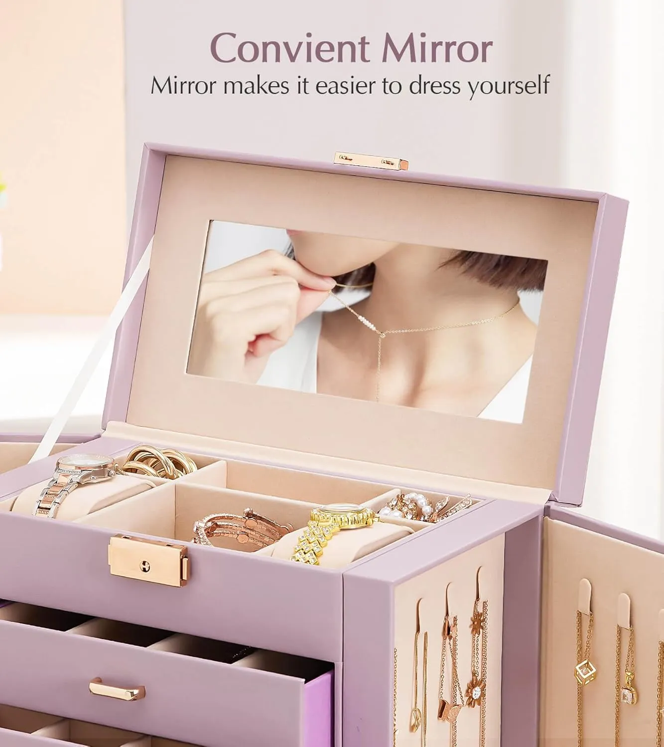 Homde Jewelry Box Large for Women: 6 Layers 5 Drawers Organizer with Mirror for Ring Earring Necklace - Storage Holder with Lock for Dresser (Gray Purlpe)