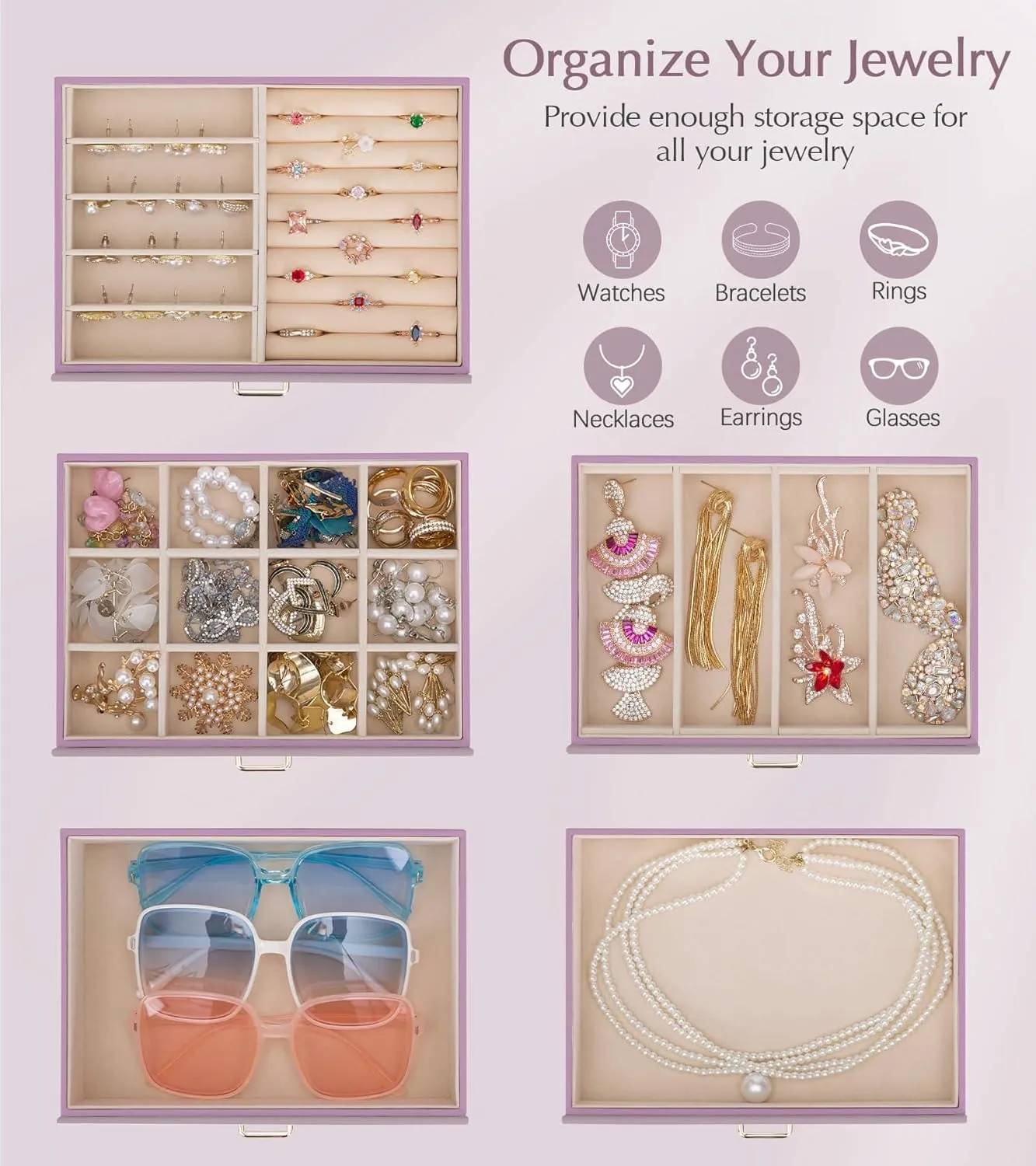 Homde Jewelry Box Large for Women: 6 Layers 5 Drawers Organizer with Mirror for Ring Earring Necklace - Storage Holder with Lock for Dresser (Gray Purlpe)