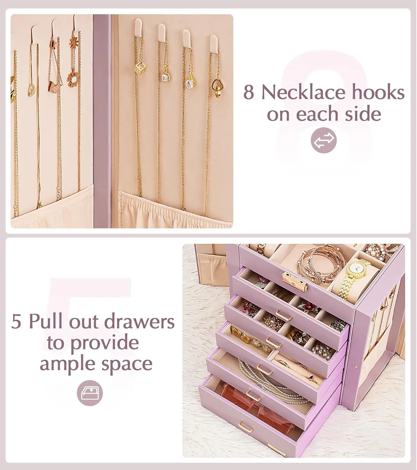 Homde Jewelry Box Large for Women: 6 Layers 5 Drawers Organizer with Mirror for Ring Earring Necklace - Storage Holder with Lock for Dresser (Gray Purlpe)