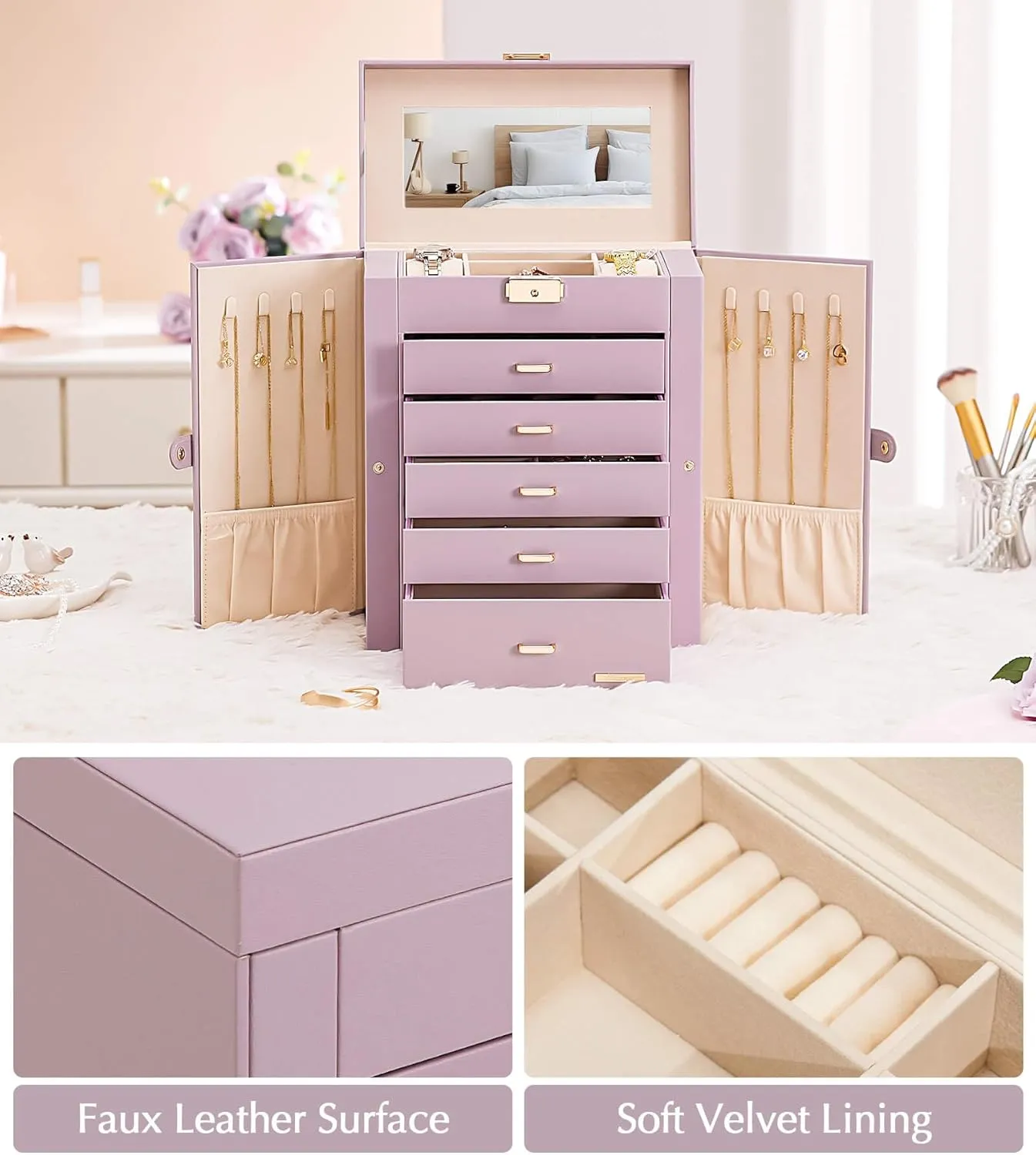 Homde Jewelry Box Large for Women: 6 Layers 5 Drawers Organizer with Mirror for Ring Earring Necklace - Storage Holder with Lock for Dresser (Gray Purlpe)