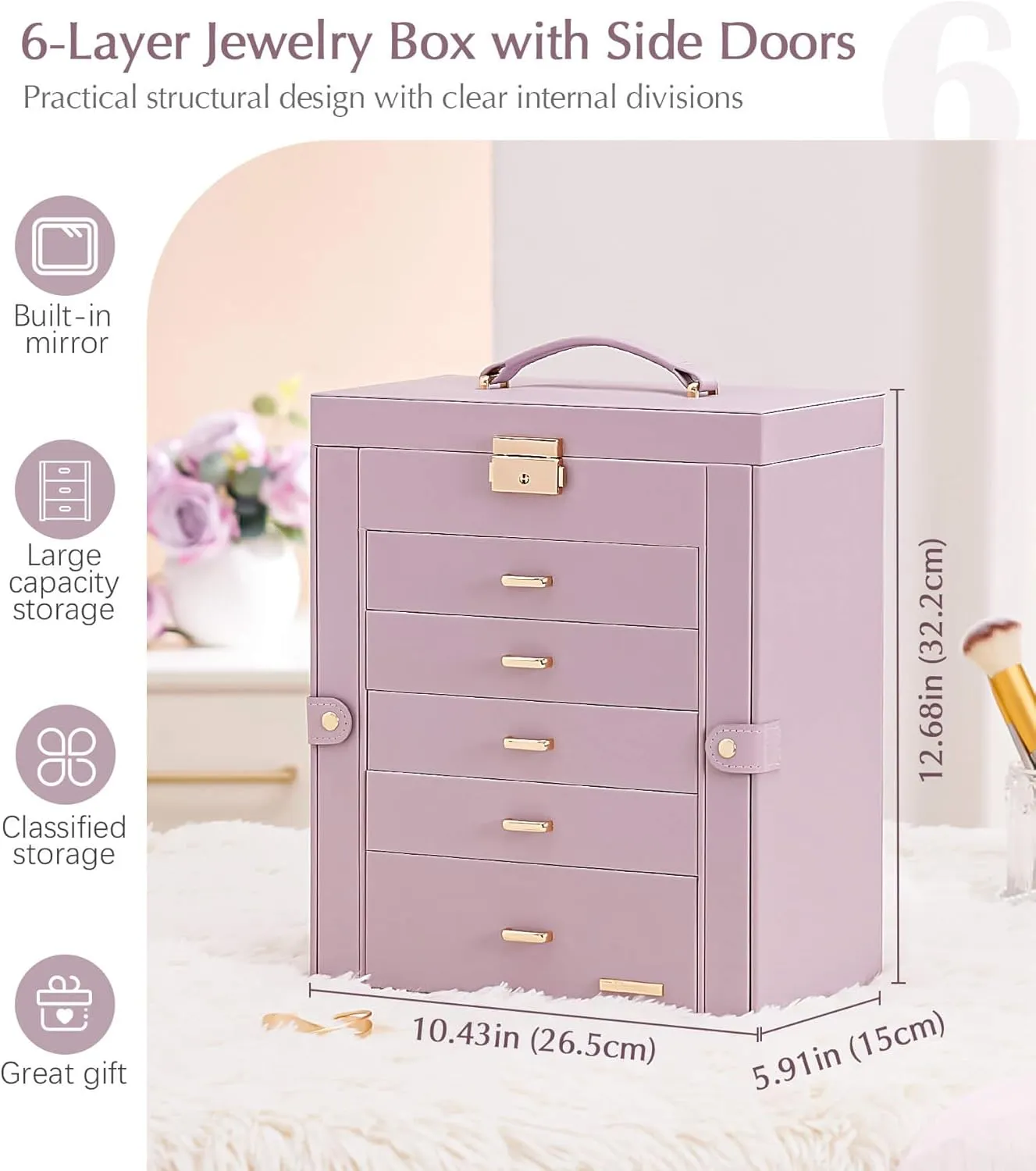 Homde Jewelry Box Large for Women: 6 Layers 5 Drawers Organizer with Mirror for Ring Earring Necklace - Storage Holder with Lock for Dresser (Gray Purlpe)