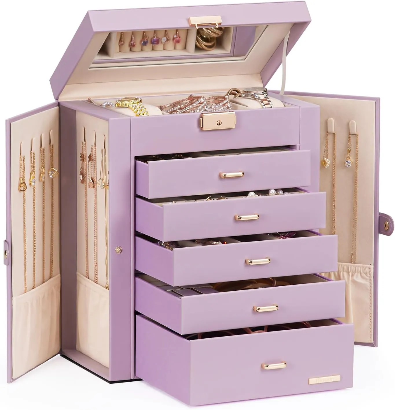 Homde Jewelry Box Large for Women: 6 Layers 5 Drawers Organizer with Mirror for Ring Earring Necklace - Storage Holder with Lock for Dresser (Gray Purlpe)