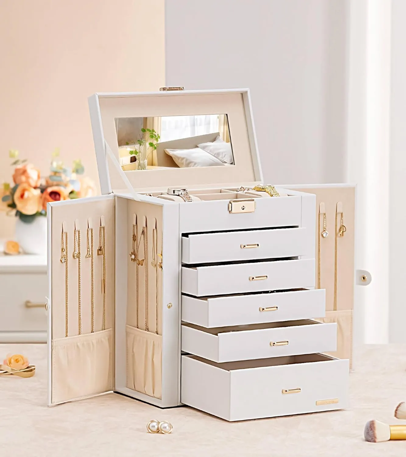 Homde Jewelry Box Large for Women: 6 Layers 5 Drawers Organizer with Mirror for Ring Earring Necklace - Storage Holder with Lock for Dresser (White)