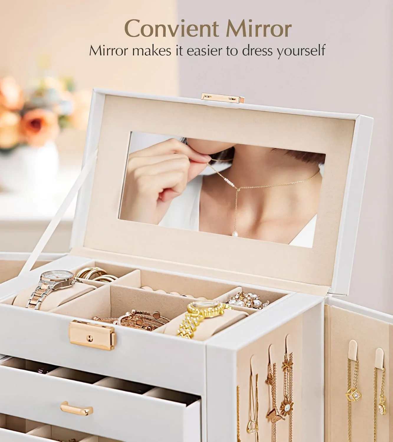 Homde Jewelry Box Large for Women: 6 Layers 5 Drawers Organizer with Mirror for Ring Earring Necklace - Storage Holder with Lock for Dresser (White)