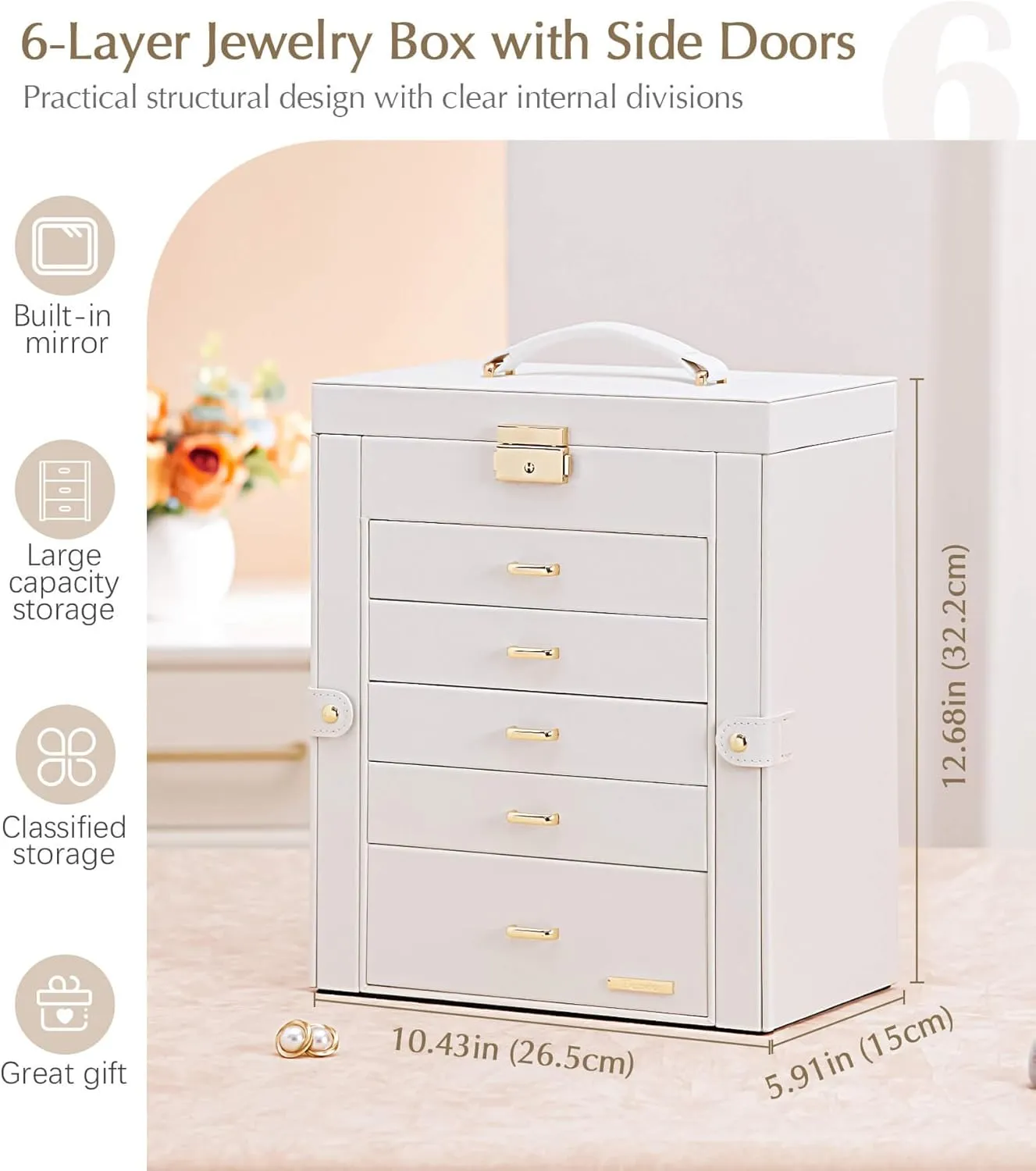 Homde Jewelry Box Large for Women: 6 Layers 5 Drawers Organizer with Mirror for Ring Earring Necklace - Storage Holder with Lock for Dresser (White)