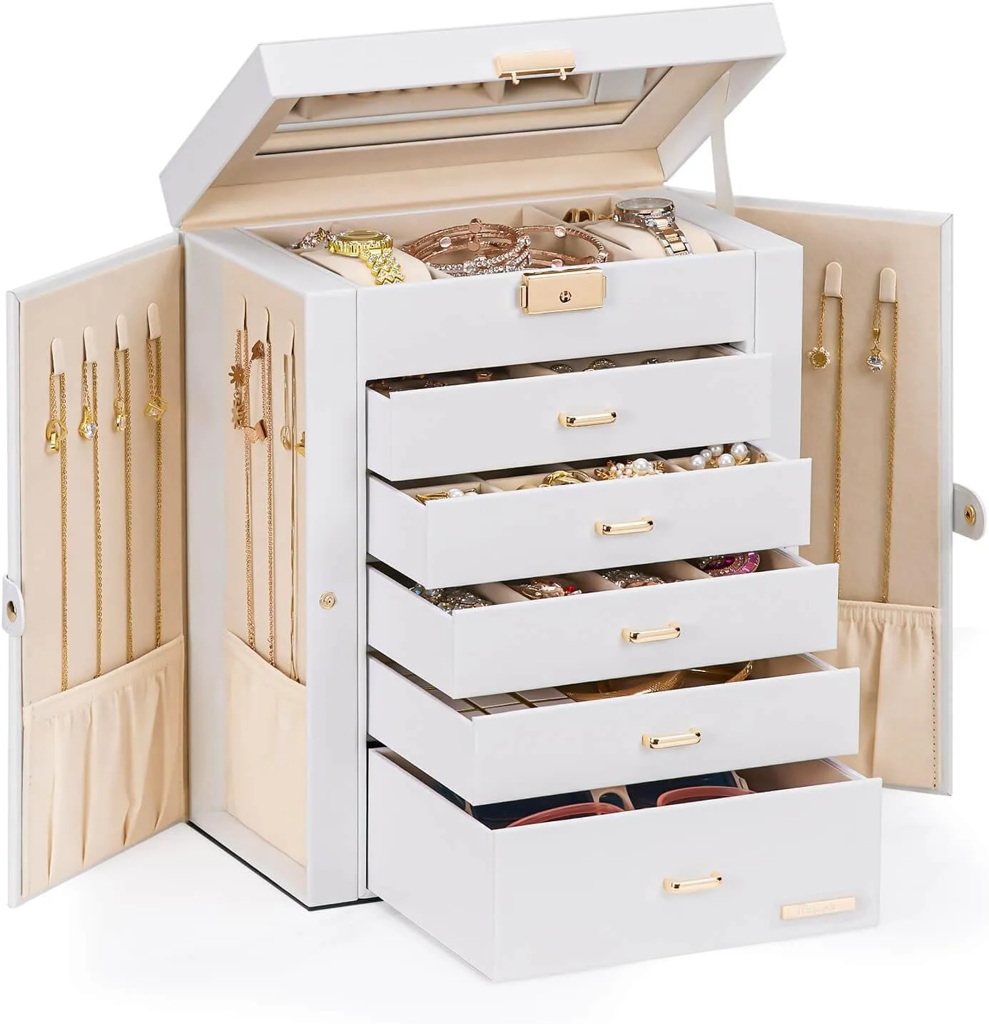 Homde Jewelry Box Large for Women: 6 Layers 5 Drawers Organizer with Mirror for Ring Earring Necklace - Storage Holder with Lock for Dresser (White)