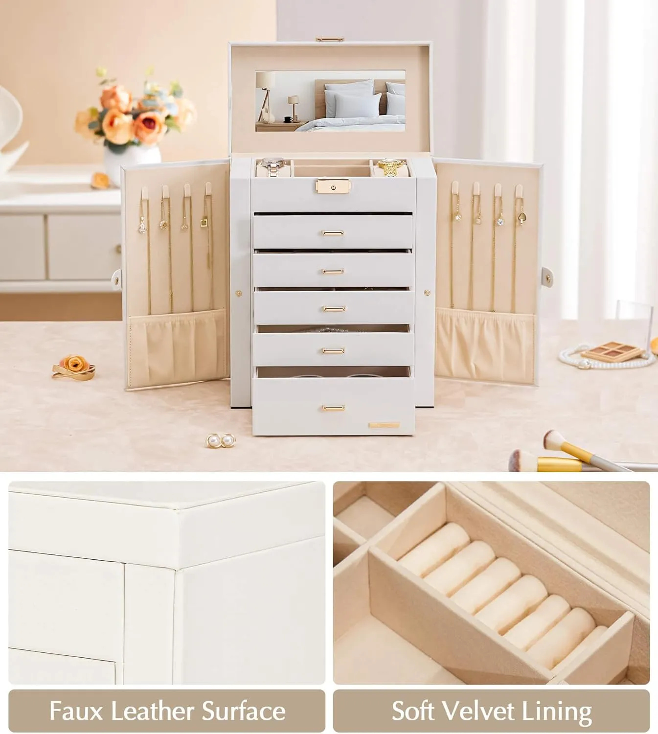 Homde Jewelry Box Large for Women: 6 Layers 5 Drawers Organizer with Mirror for Ring Earring Necklace - Storage Holder with Lock for Dresser (White)