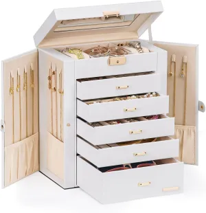 Homde Jewelry Box Large for Women: 6 Layers 5 Drawers Organizer with Mirror for Ring Earring Necklace - Storage Holder with Lock for Dresser (White)