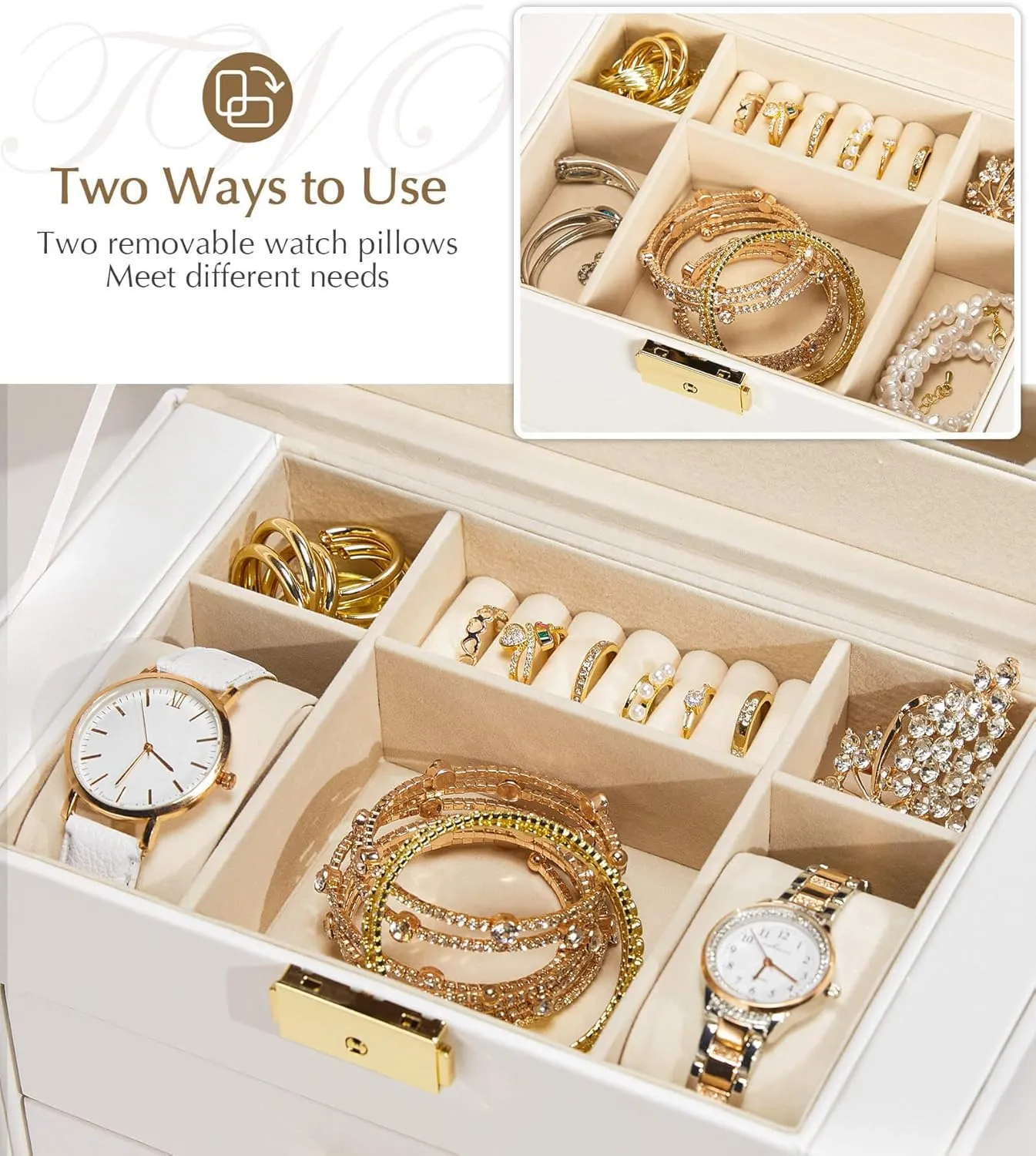 Homde Jewelry Box Large for Women: 6 Layers 5 Drawers Organizer with Mirror for Ring Earring Necklace - Storage Holder with Lock for Dresser (White)