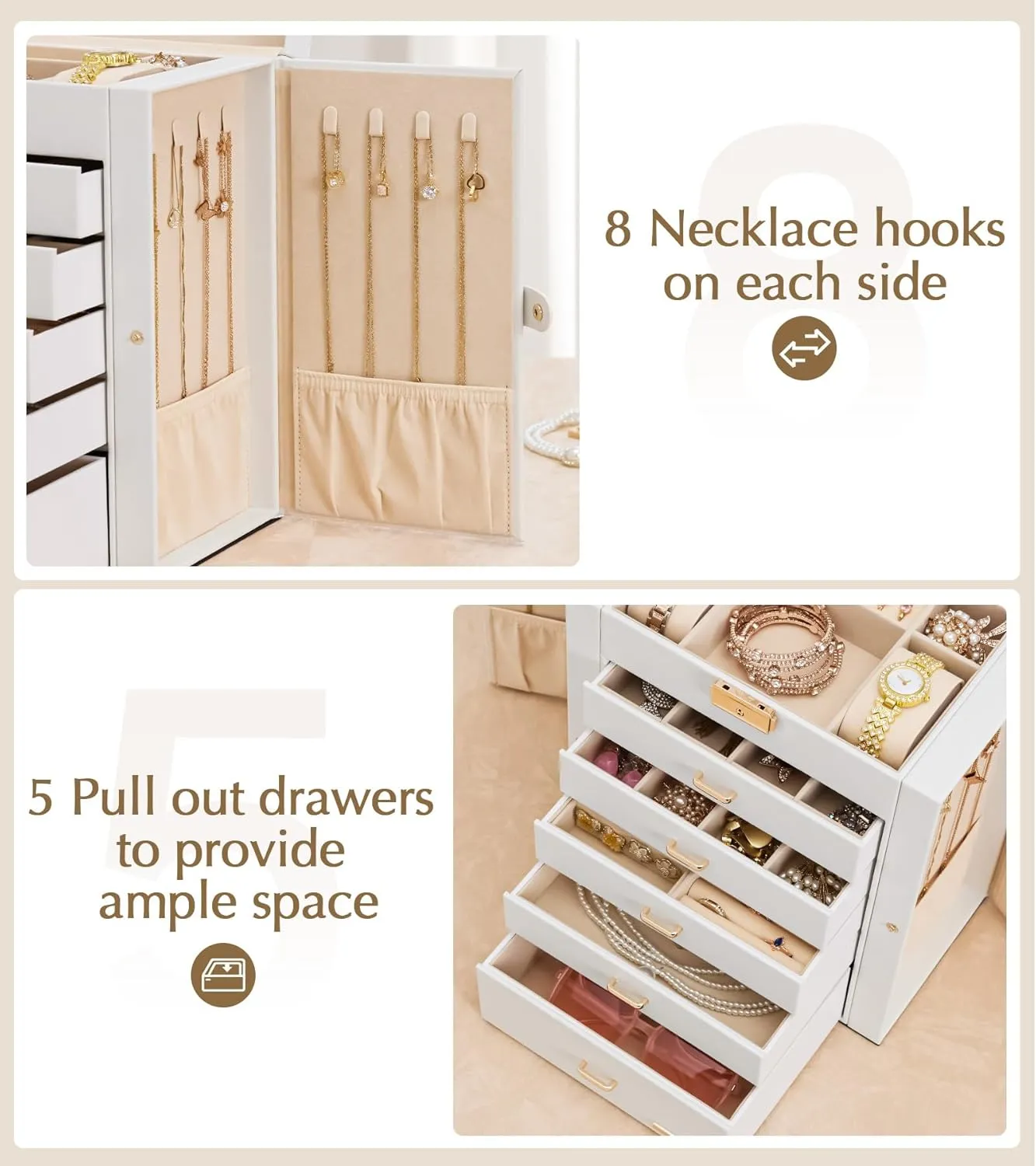 Homde Jewelry Box Large for Women: 6 Layers 5 Drawers Organizer with Mirror for Ring Earring Necklace - Storage Holder with Lock for Dresser (White)