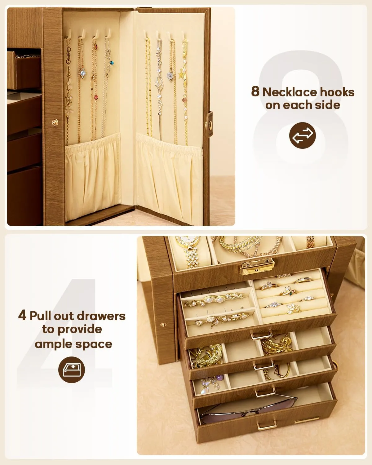 Homde Mother's Day Gifts Synthetic Leather Huge Jewelry Box Mirrored Watch Organizer Necklace Ring Earring Storage Lockable Gift Case (Brown   Gold)
