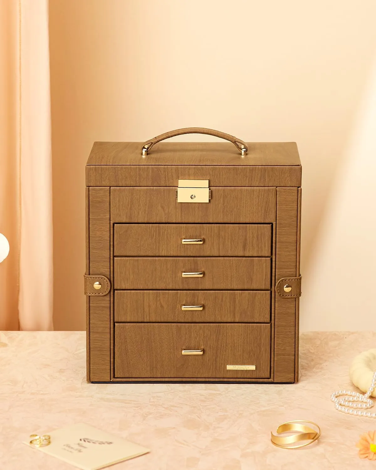 Homde Mother's Day Gifts Synthetic Leather Huge Jewelry Box Mirrored Watch Organizer Necklace Ring Earring Storage Lockable Gift Case (Brown   Gold)