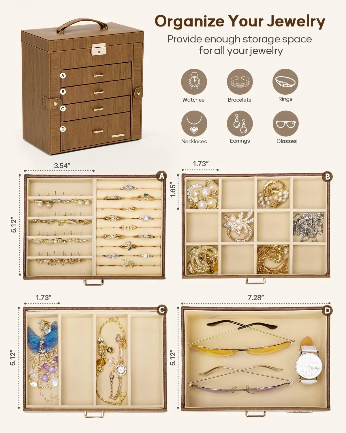 Homde Mother's Day Gifts Synthetic Leather Huge Jewelry Box Mirrored Watch Organizer Necklace Ring Earring Storage Lockable Gift Case (Brown   Gold)