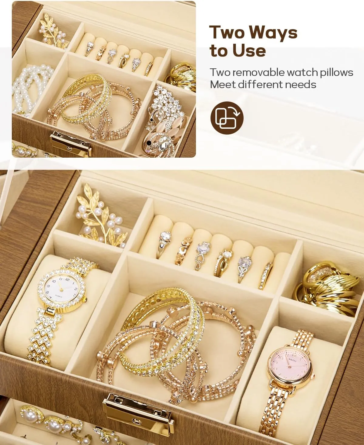 Homde Mother's Day Gifts Synthetic Leather Huge Jewelry Box Mirrored Watch Organizer Necklace Ring Earring Storage Lockable Gift Case (Brown   Gold)
