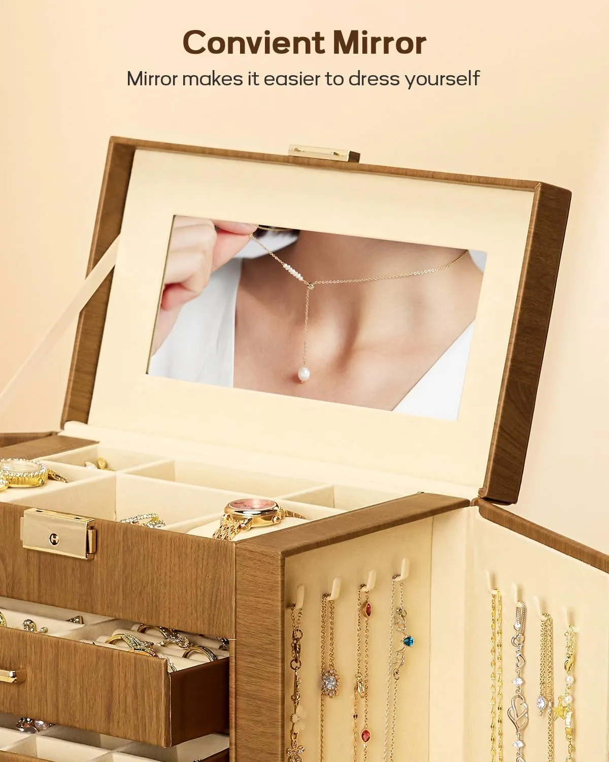 Homde Mother's Day Gifts Synthetic Leather Huge Jewelry Box Mirrored Watch Organizer Necklace Ring Earring Storage Lockable Gift Case (Brown   Gold)