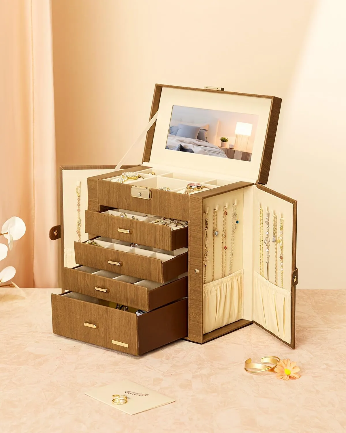 Homde Mother's Day Gifts Synthetic Leather Huge Jewelry Box Mirrored Watch Organizer Necklace Ring Earring Storage Lockable Gift Case (Brown   Gold)