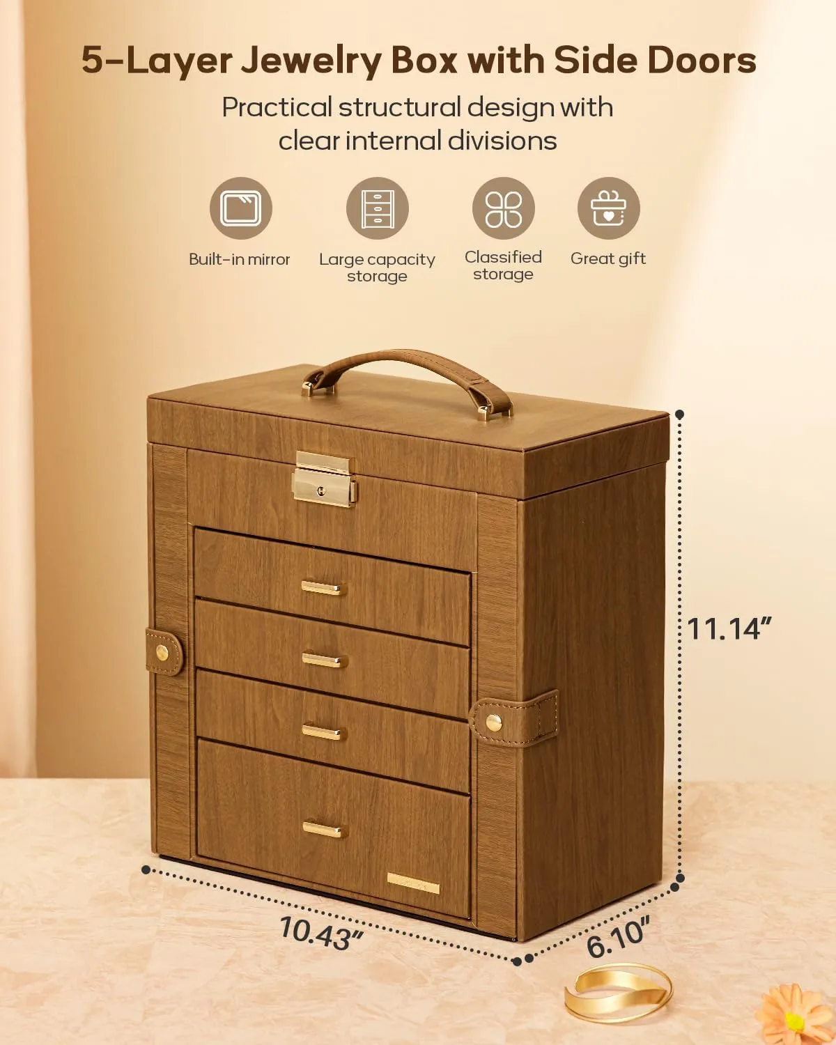 Homde Mother's Day Gifts Synthetic Leather Huge Jewelry Box Mirrored Watch Organizer Necklace Ring Earring Storage Lockable Gift Case (Brown   Gold)