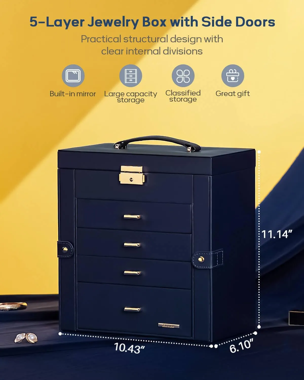 Homde Mother's Day Gifts Synthetic Leather Huge Jewelry Box Mirrored Watch Organizer Necklace Ring Earring Storage Lockable Gift Case (Dark Blue   Gold)