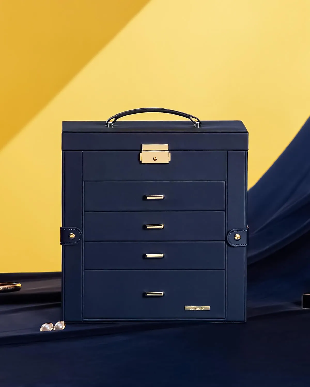 Homde Mother's Day Gifts Synthetic Leather Huge Jewelry Box Mirrored Watch Organizer Necklace Ring Earring Storage Lockable Gift Case (Dark Blue   Gold)