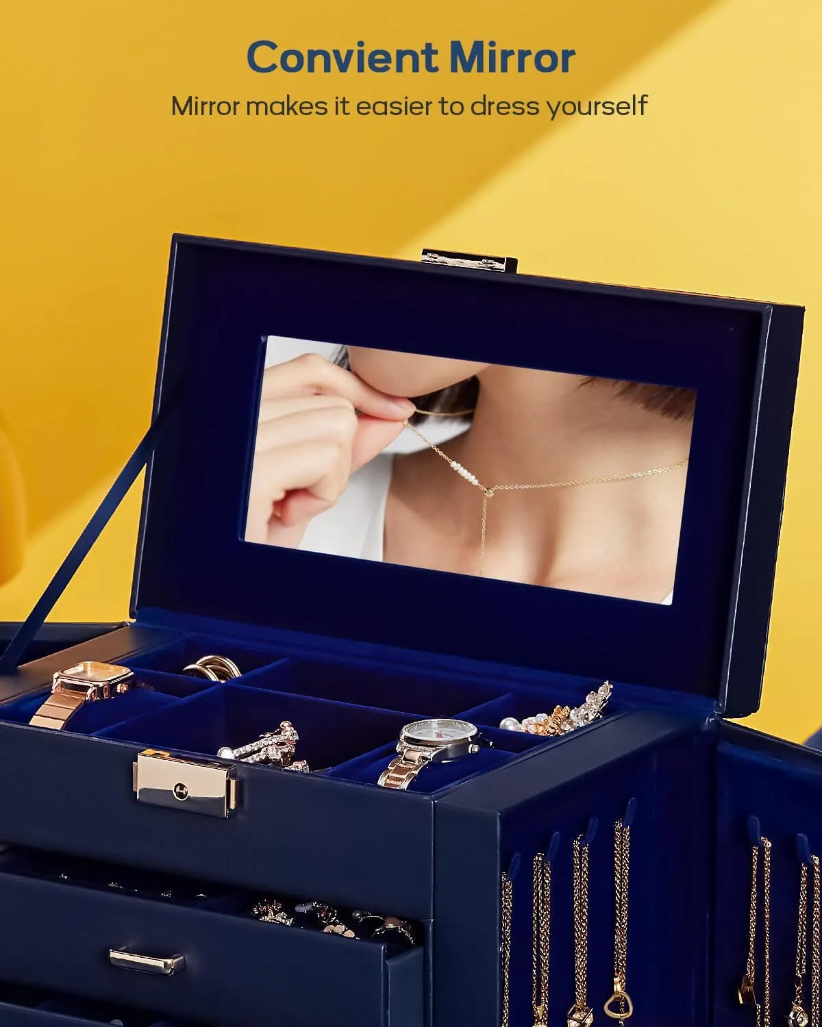 Homde Mother's Day Gifts Synthetic Leather Huge Jewelry Box Mirrored Watch Organizer Necklace Ring Earring Storage Lockable Gift Case (Dark Blue   Gold)