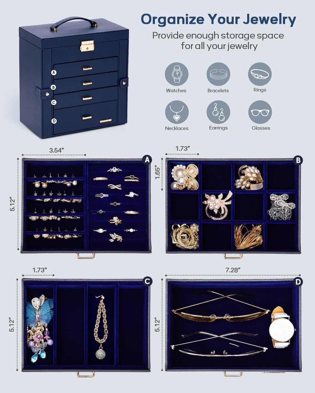 Homde Mother's Day Gifts Synthetic Leather Huge Jewelry Box Mirrored Watch Organizer Necklace Ring Earring Storage Lockable Gift Case (Dark Blue   Gold)