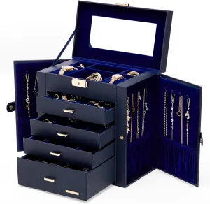 Homde Mother's Day Gifts Synthetic Leather Huge Jewelry Box Mirrored Watch Organizer Necklace Ring Earring Storage Lockable Gift Case (Dark Blue   Gold)
