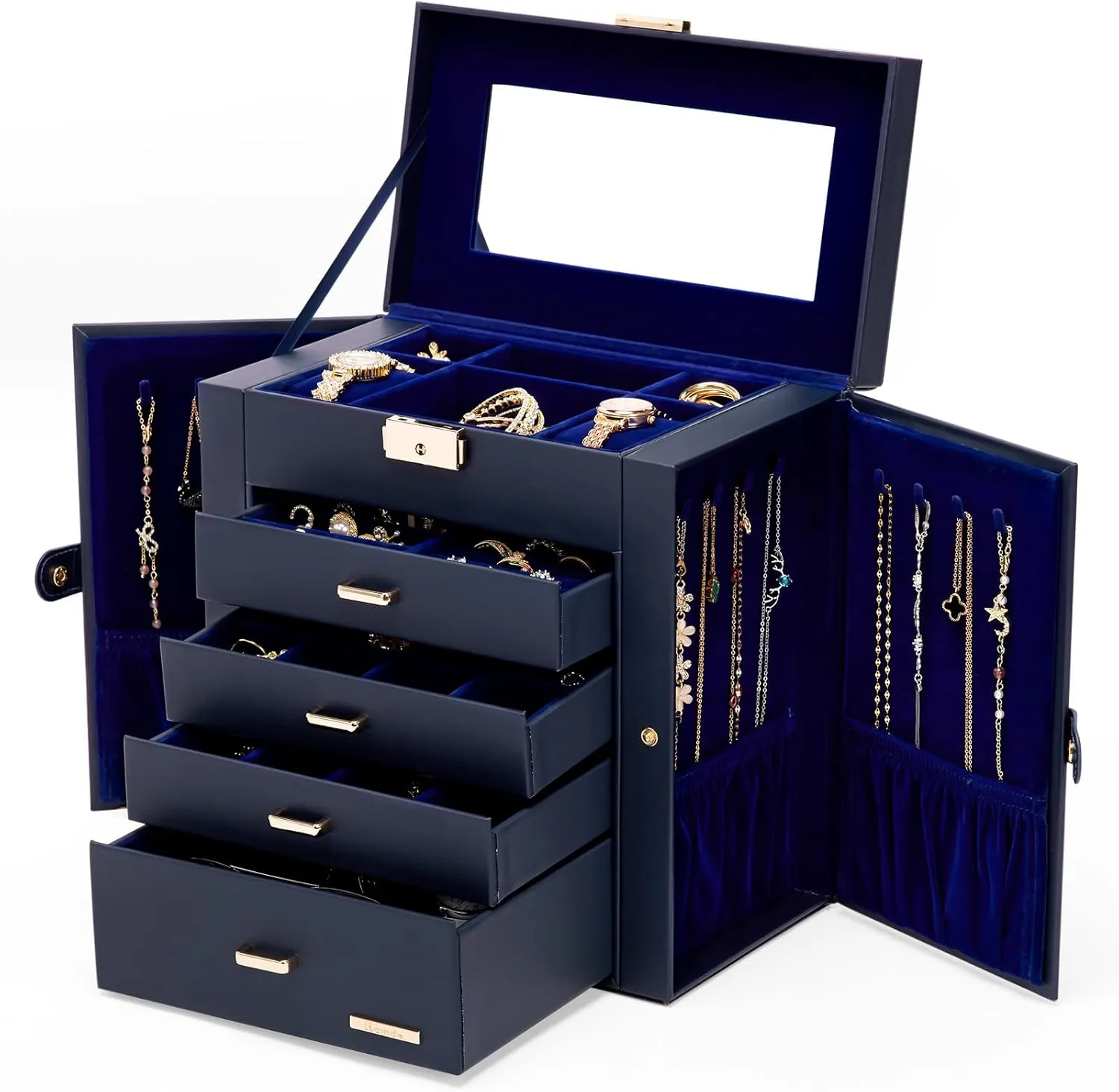 Homde Mother's Day Gifts Synthetic Leather Huge Jewelry Box Mirrored Watch Organizer Necklace Ring Earring Storage Lockable Gift Case (Dark Blue   Gold)