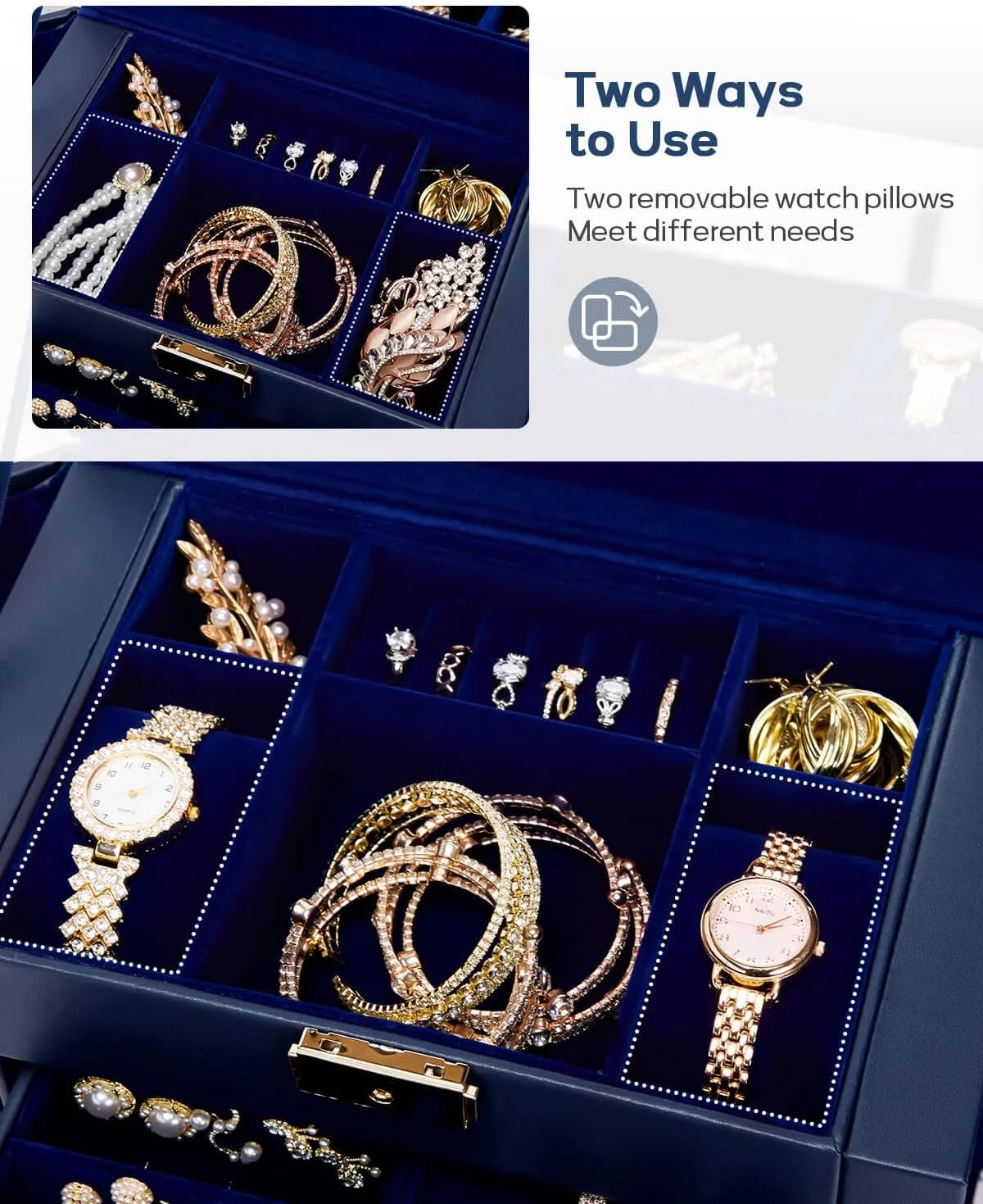 Homde Mother's Day Gifts Synthetic Leather Huge Jewelry Box Mirrored Watch Organizer Necklace Ring Earring Storage Lockable Gift Case (Dark Blue   Gold)