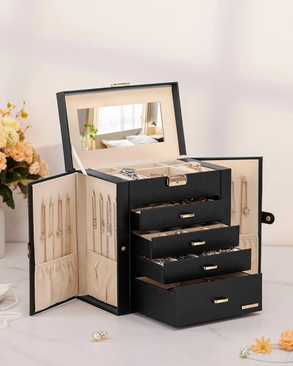 Homde Synthetic Leather Huge Jewelry Box Mirrored Watch Organizer Necklace Ring Earring Storage Lockable Gift Case (Black   Gold)