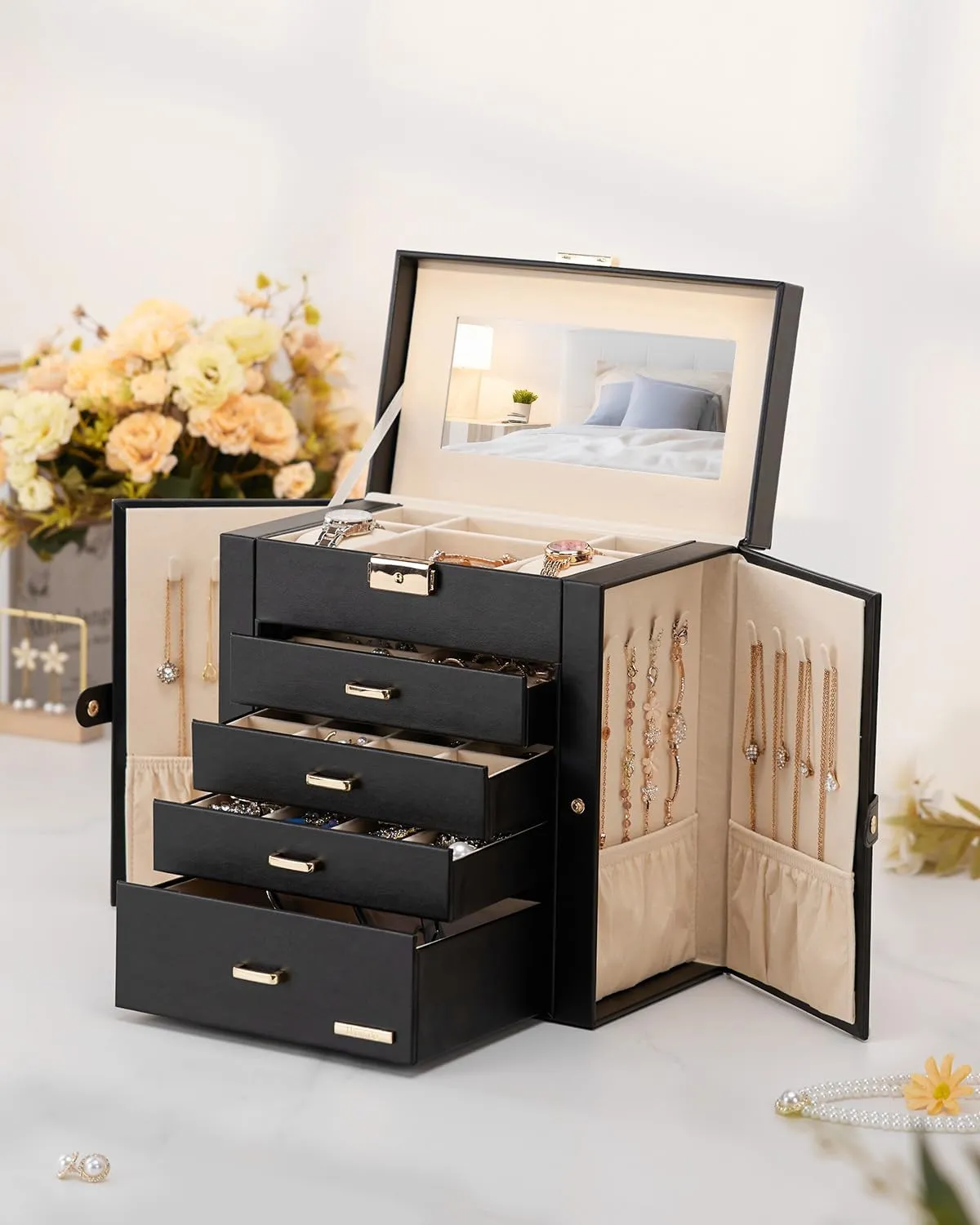 Homde Synthetic Leather Huge Jewelry Box Mirrored Watch Organizer Necklace Ring Earring Storage Lockable Gift Case (Black   Gold)