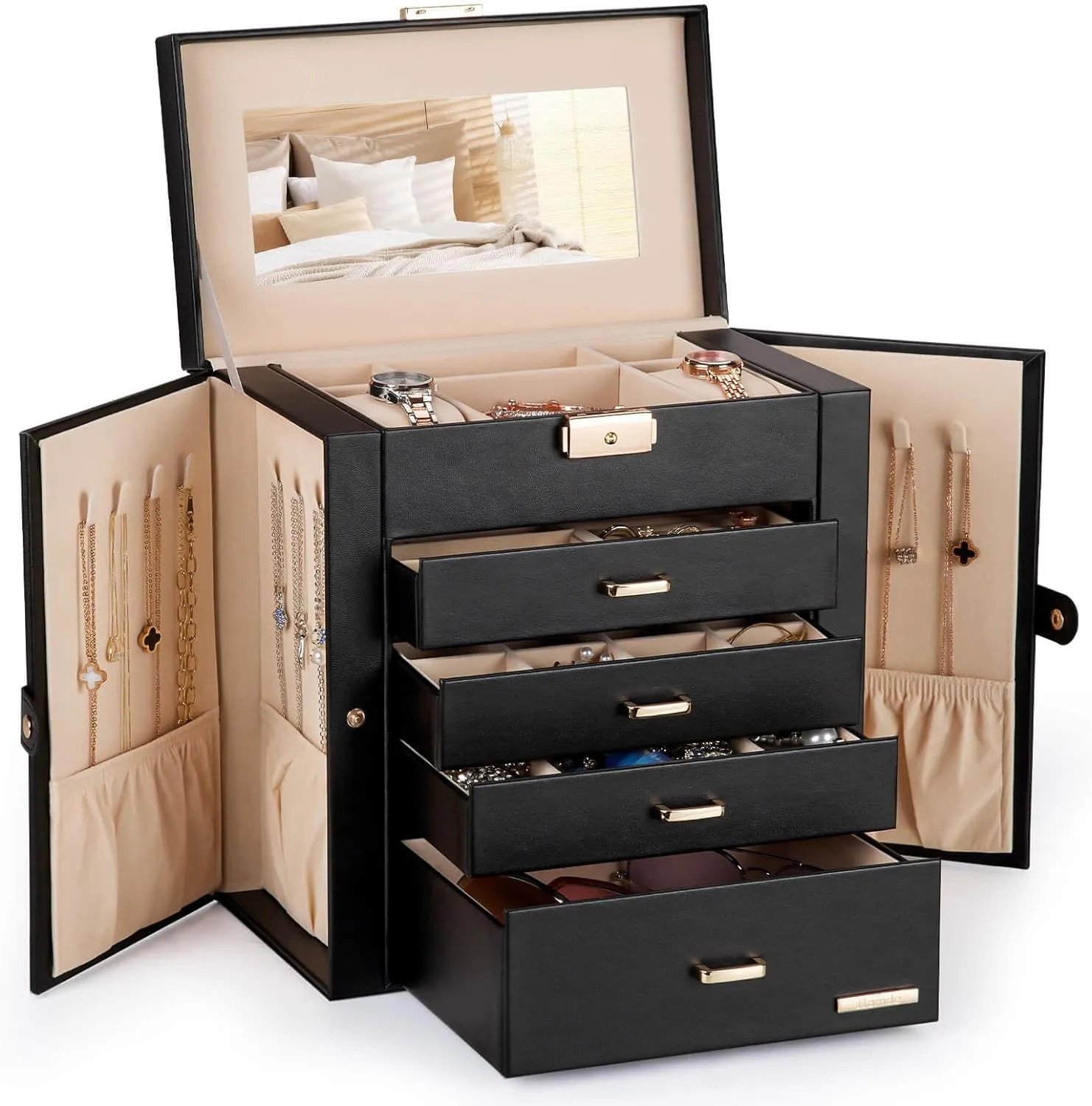 Homde Synthetic Leather Huge Jewelry Box Mirrored Watch Organizer Necklace Ring Earring Storage Lockable Gift Case (Black   Gold)