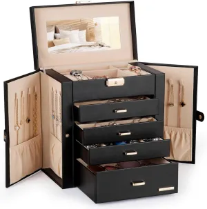 Homde Synthetic Leather Huge Jewelry Box Mirrored Watch Organizer Necklace Ring Earring Storage Lockable Gift Case (Black   Gold)