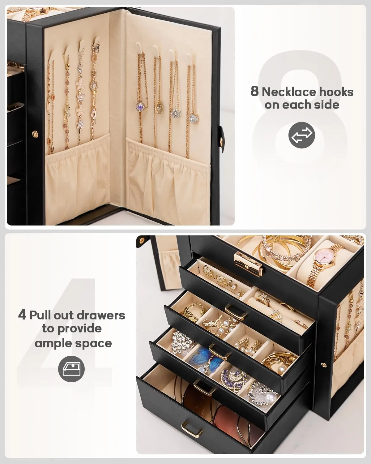 Homde Synthetic Leather Huge Jewelry Box Mirrored Watch Organizer Necklace Ring Earring Storage Lockable Gift Case (Black   Gold)
