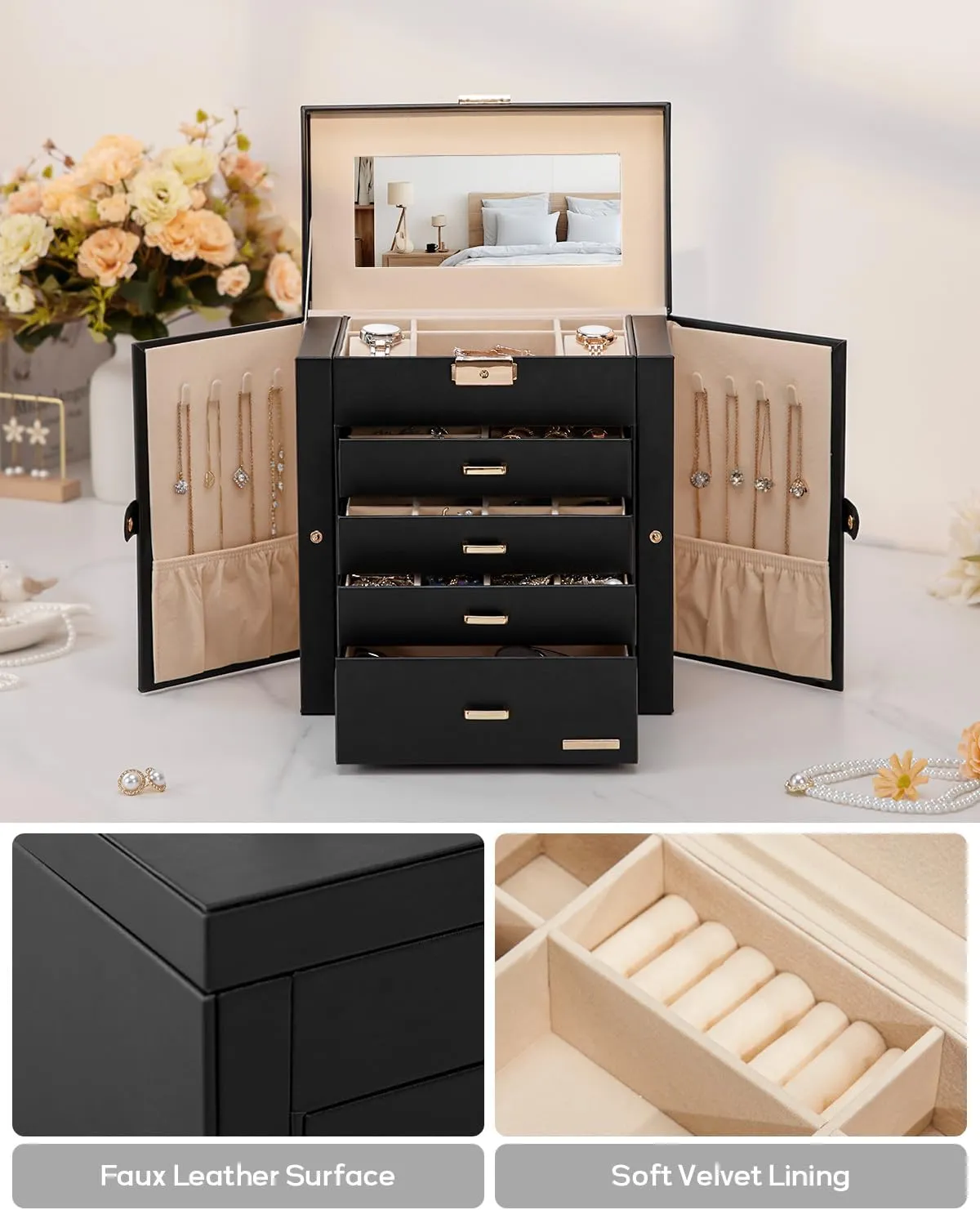 Homde Synthetic Leather Huge Jewelry Box Mirrored Watch Organizer Necklace Ring Earring Storage Lockable Gift Case (Black   Gold)