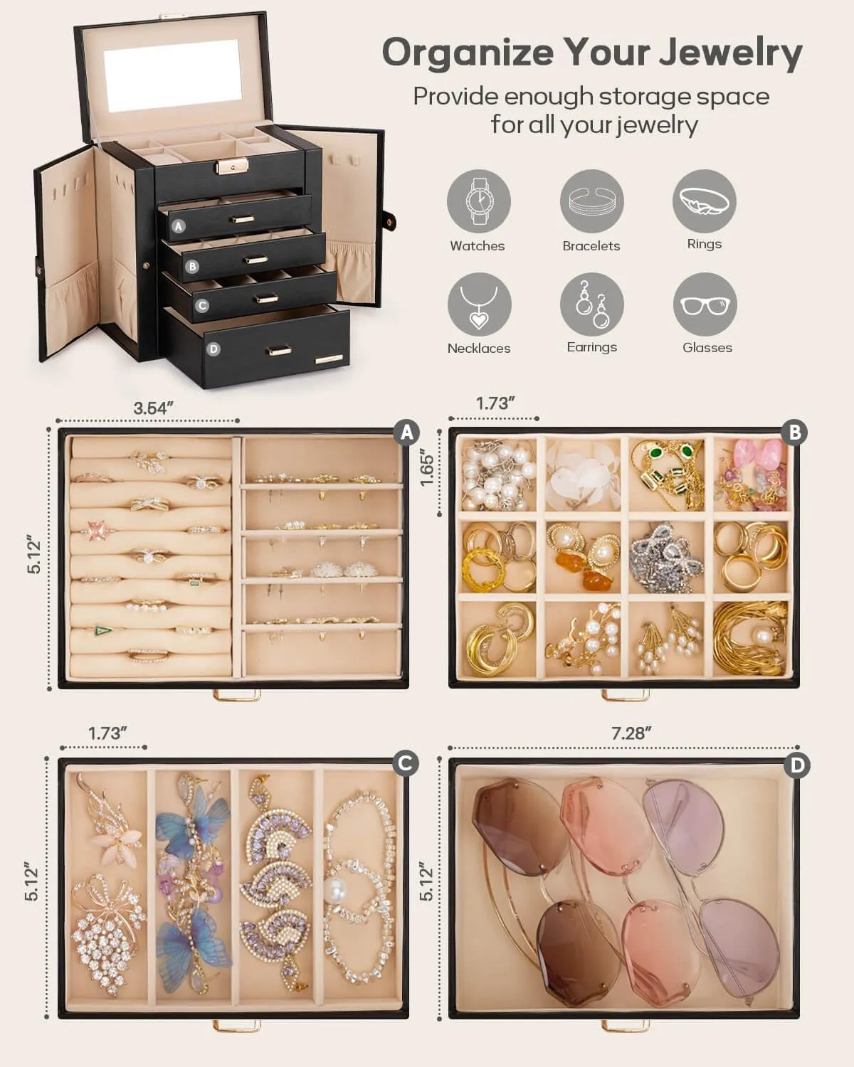 Homde Synthetic Leather Huge Jewelry Box Mirrored Watch Organizer Necklace Ring Earring Storage Lockable Gift Case (Black   Gold)