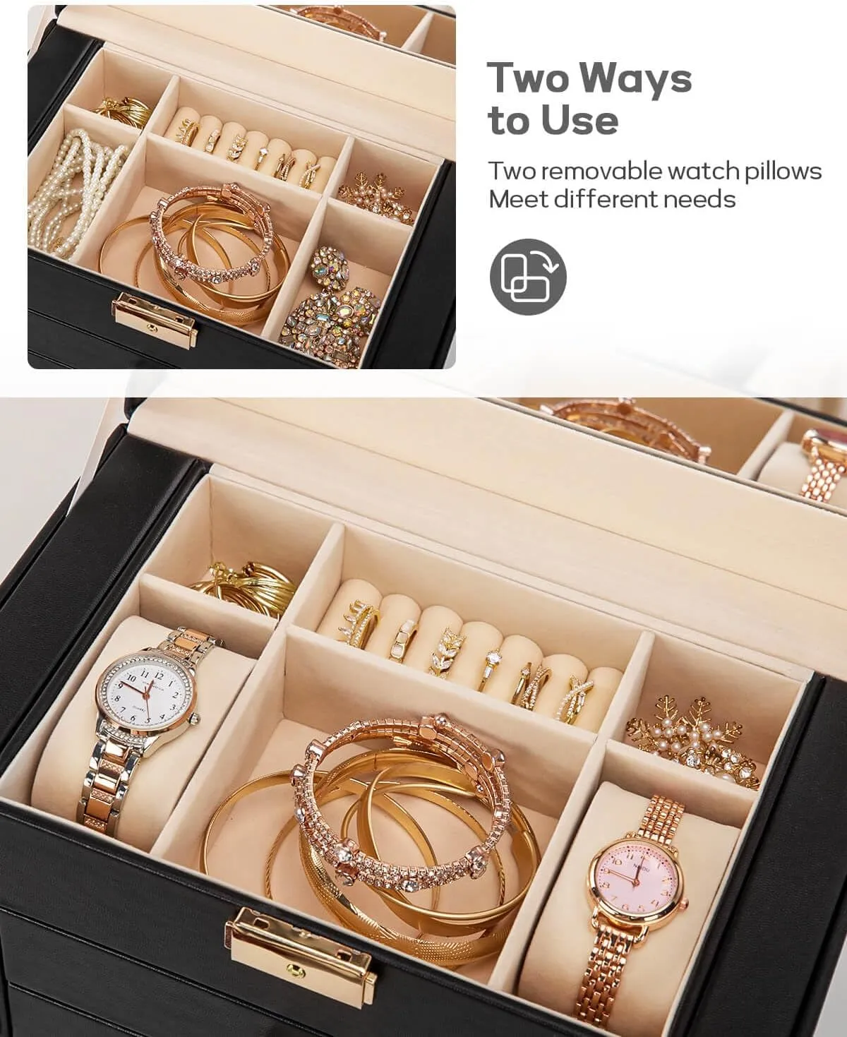 Homde Synthetic Leather Huge Jewelry Box Mirrored Watch Organizer Necklace Ring Earring Storage Lockable Gift Case (Black   Gold)