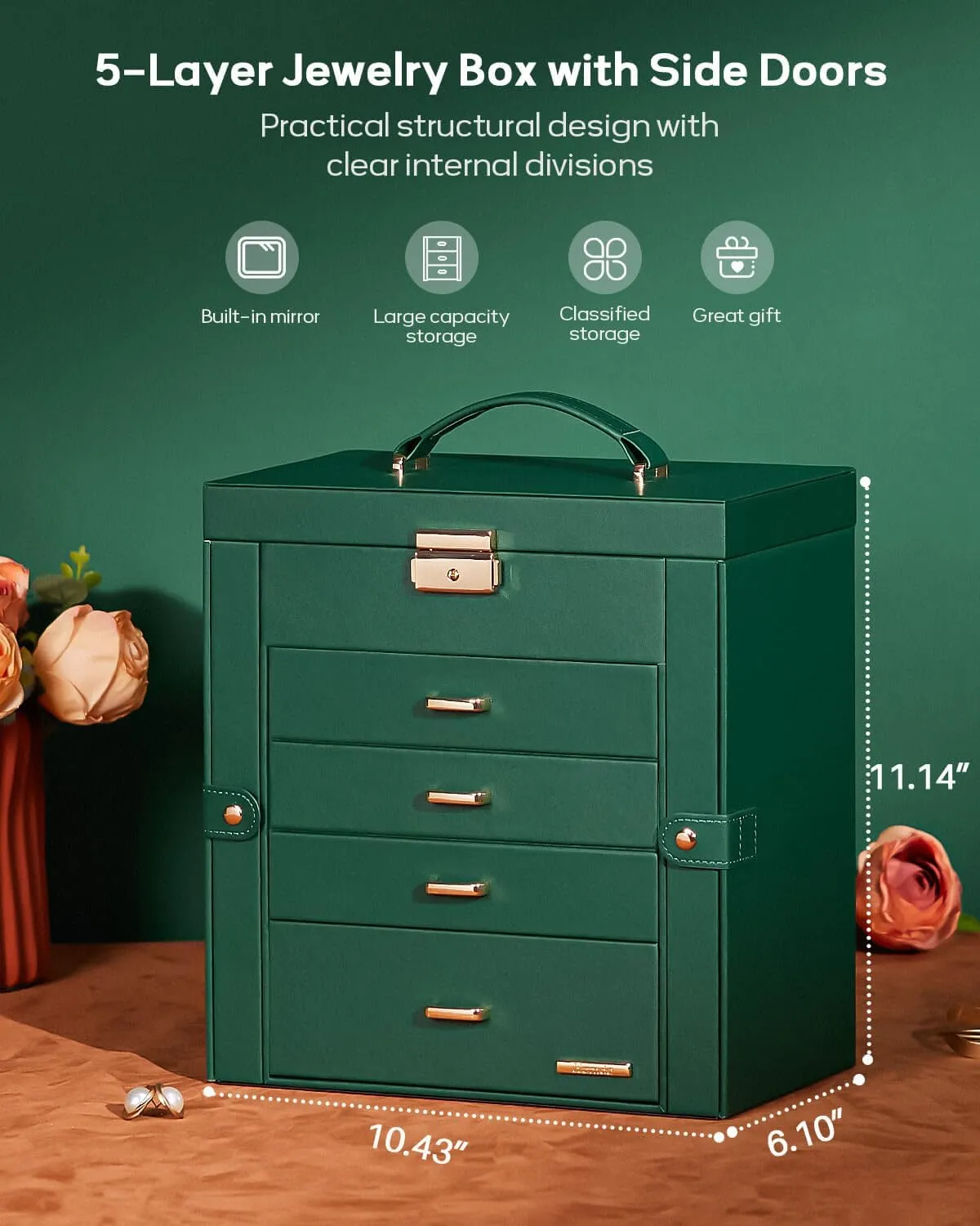 Homde Synthetic Leather Huge Jewelry Box Mirrored Watch Organizer Necklace Ring Earring Storage Lockable Gift Case (Forest Green   Gold)