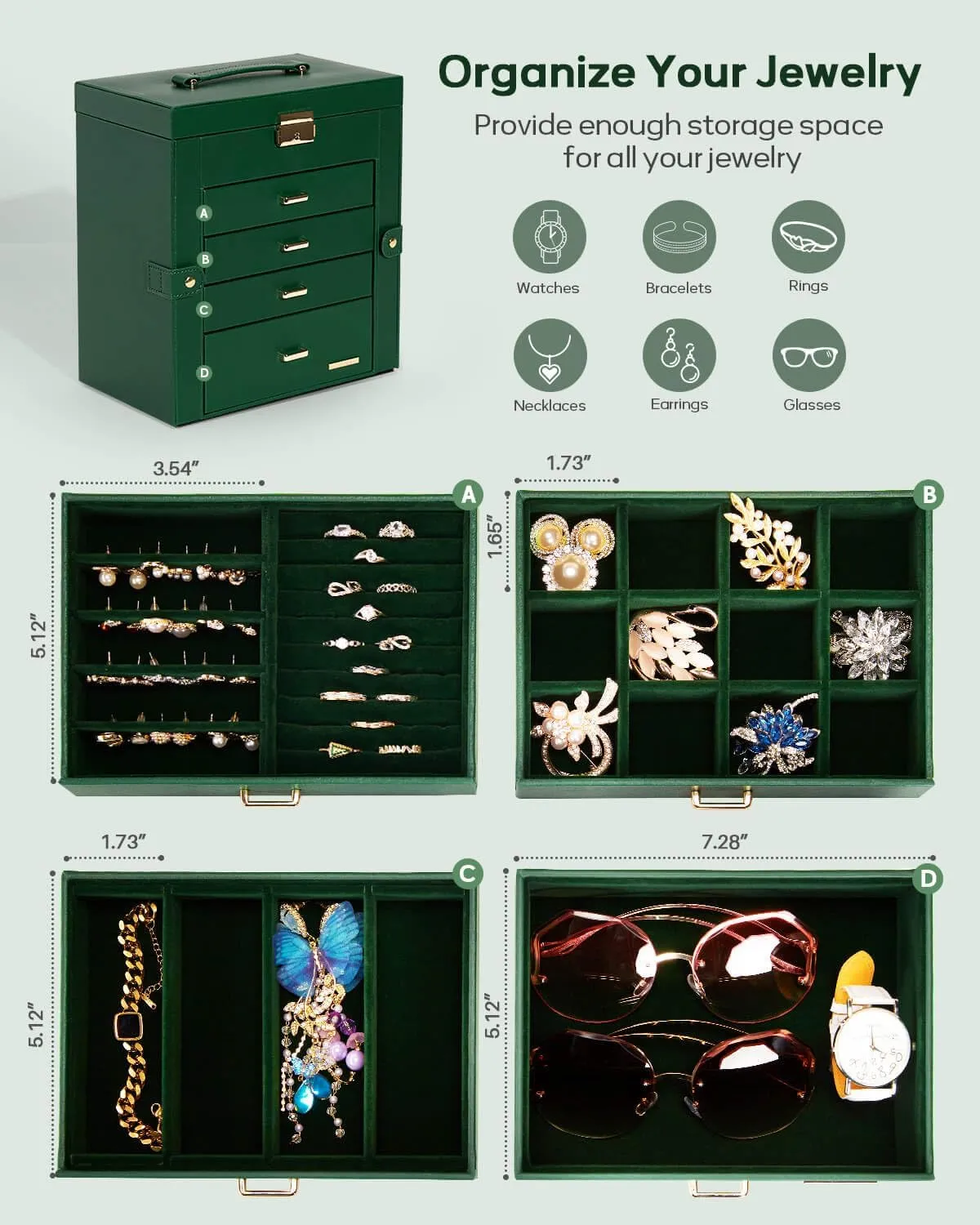 Homde Synthetic Leather Huge Jewelry Box Mirrored Watch Organizer Necklace Ring Earring Storage Lockable Gift Case (Forest Green   Gold)