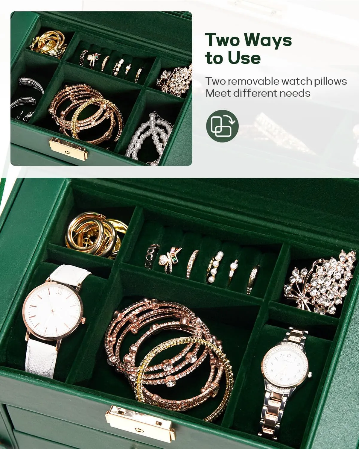 Homde Synthetic Leather Huge Jewelry Box Mirrored Watch Organizer Necklace Ring Earring Storage Lockable Gift Case (Forest Green   Gold)