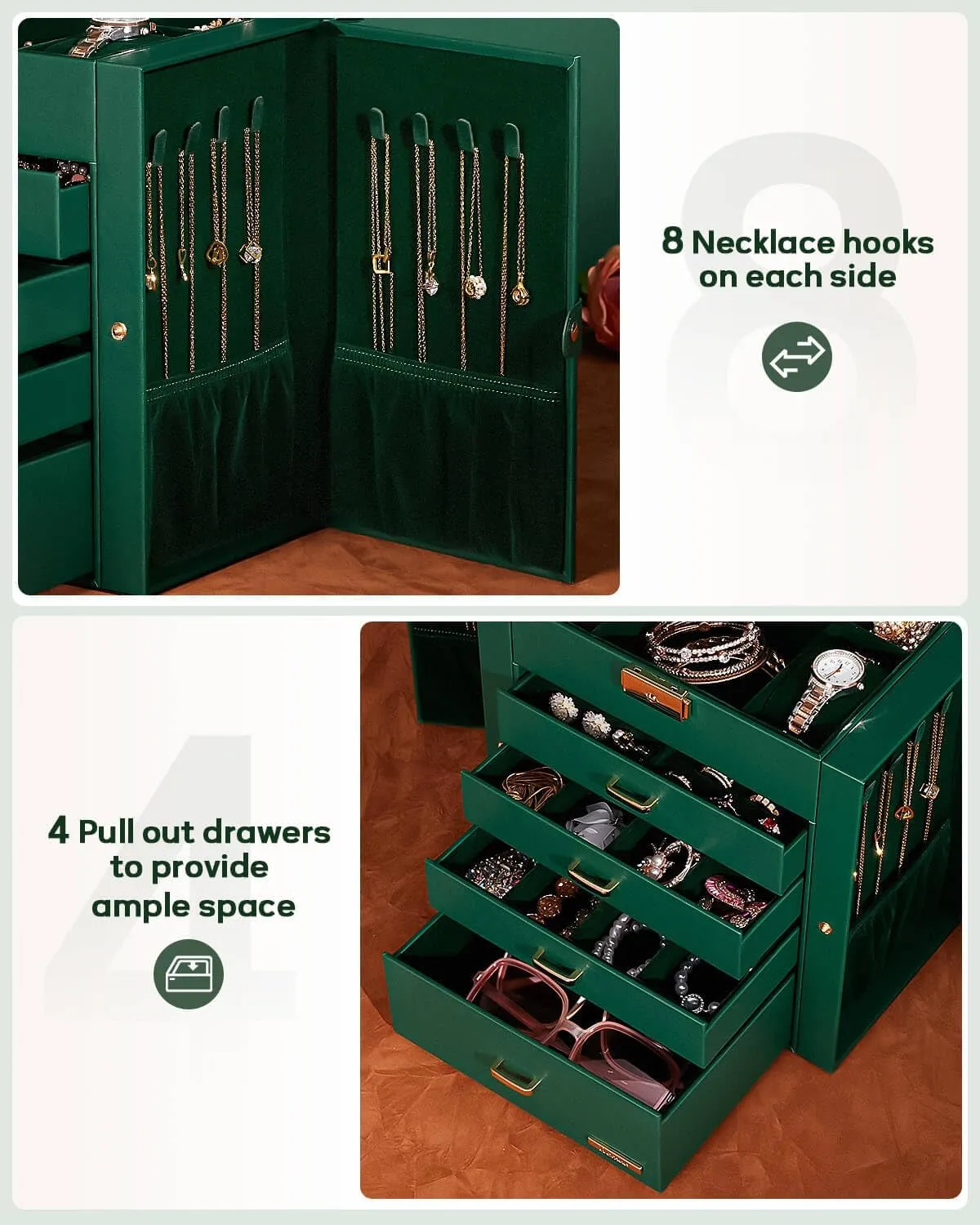 Homde Synthetic Leather Huge Jewelry Box Mirrored Watch Organizer Necklace Ring Earring Storage Lockable Gift Case (Forest Green   Gold)