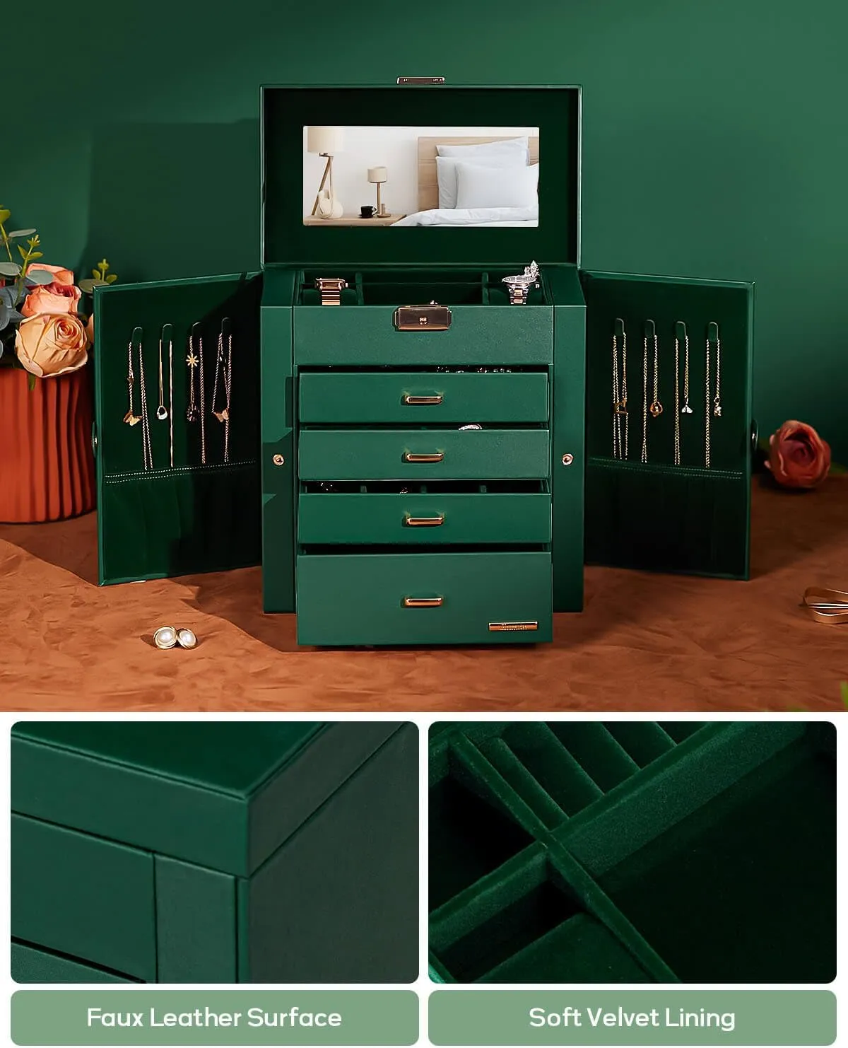 Homde Synthetic Leather Huge Jewelry Box Mirrored Watch Organizer Necklace Ring Earring Storage Lockable Gift Case (Forest Green   Gold)