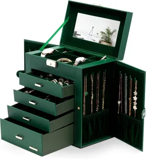 Homde Synthetic Leather Huge Jewelry Box Mirrored Watch Organizer Necklace Ring Earring Storage Lockable Gift Case (Forest Green   Gold)