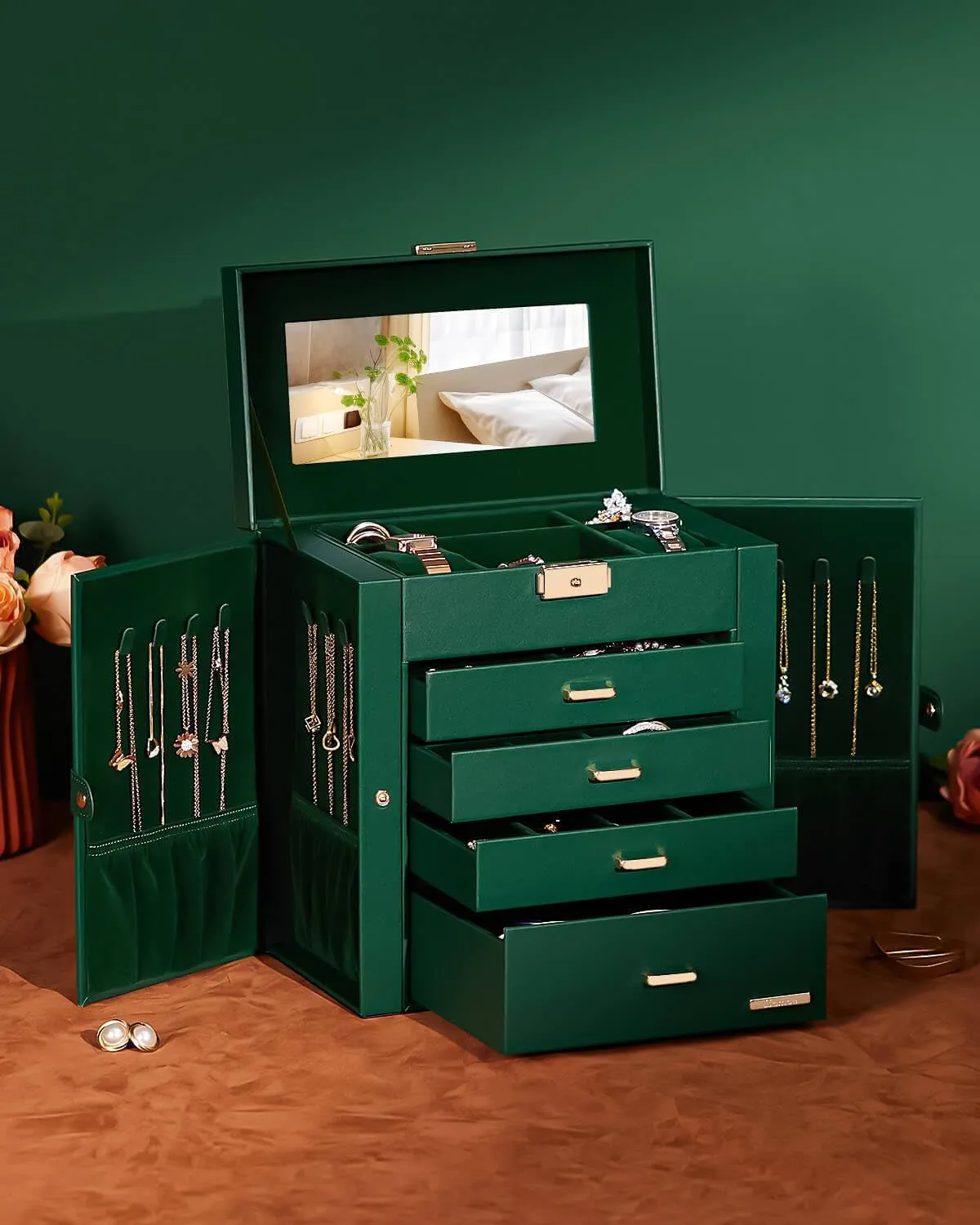 Homde Synthetic Leather Huge Jewelry Box Mirrored Watch Organizer Necklace Ring Earring Storage Lockable Gift Case (Forest Green   Gold)