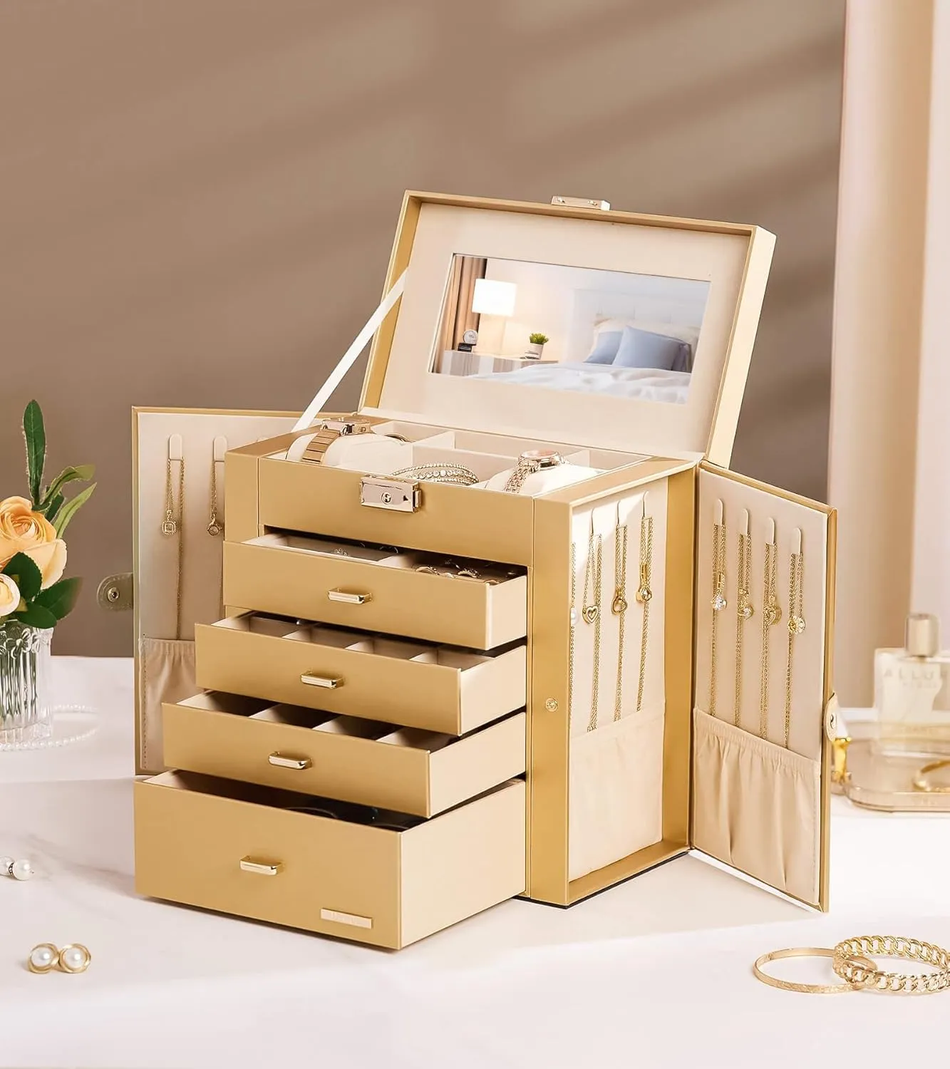 Homde Synthetic Leather Huge Jewelry Box Mirrored Watch Organizer Necklace Ring Earring Storage Lockable Gift Case (Gold)