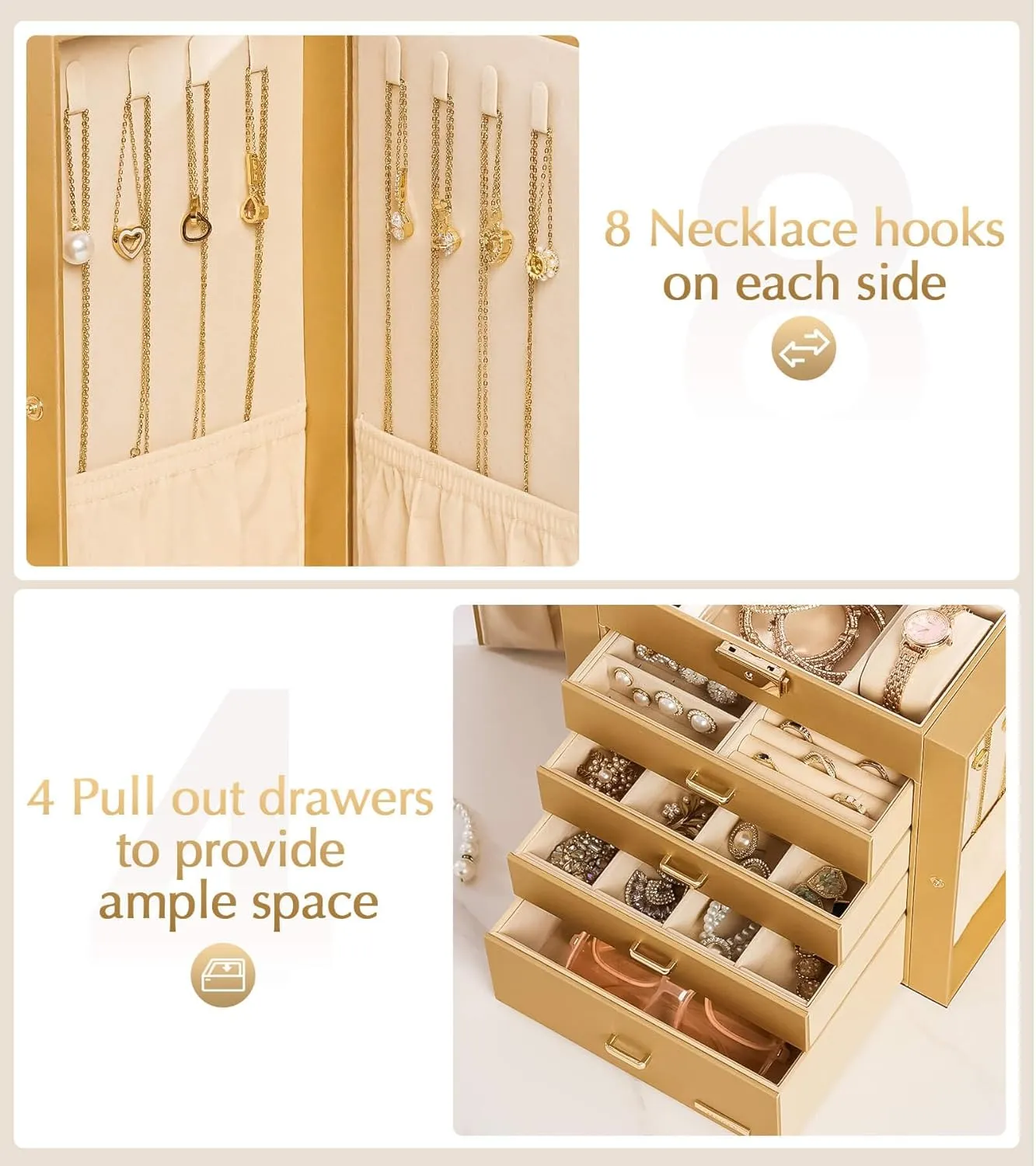Homde Synthetic Leather Huge Jewelry Box Mirrored Watch Organizer Necklace Ring Earring Storage Lockable Gift Case (Gold)