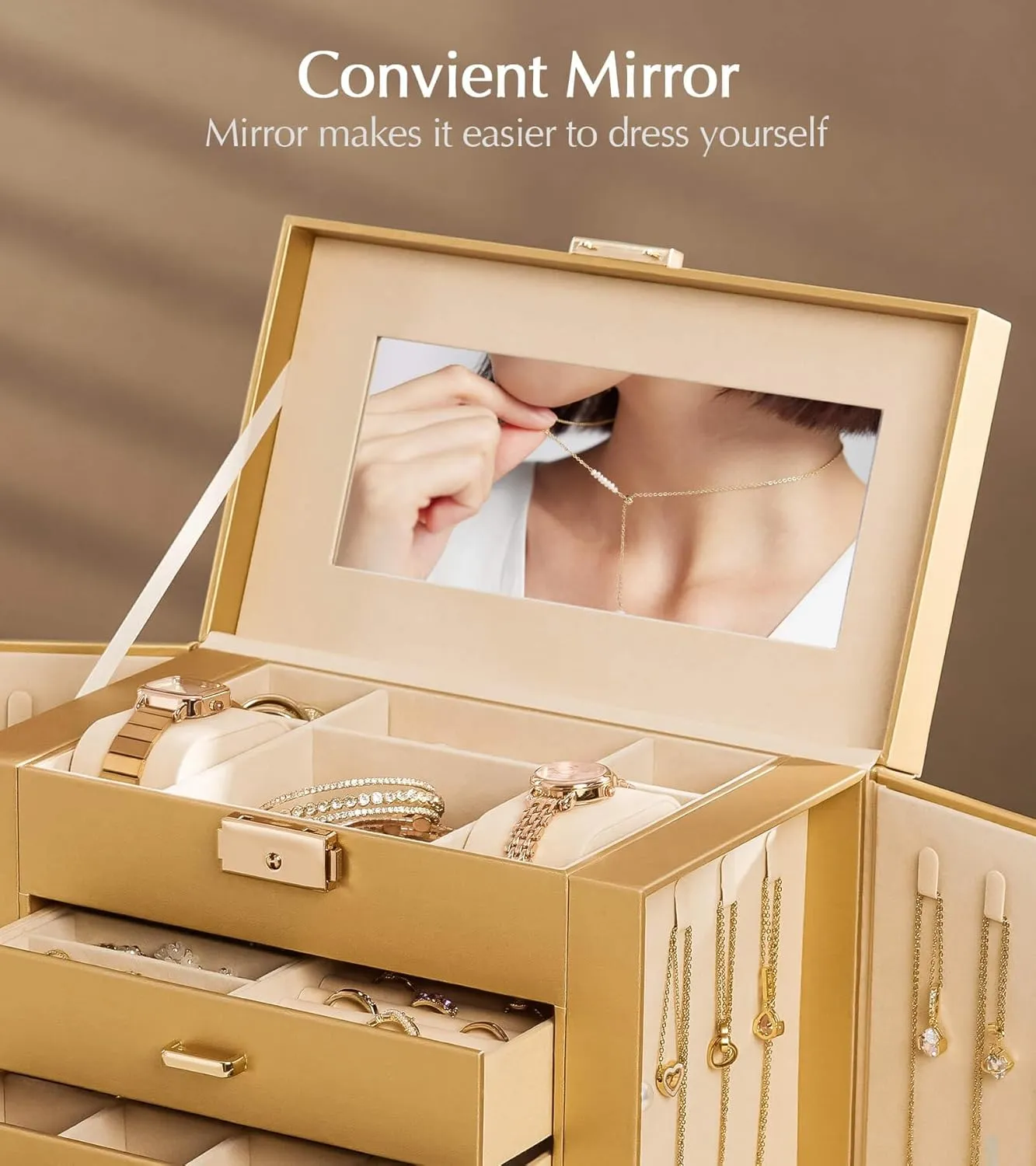 Homde Synthetic Leather Huge Jewelry Box Mirrored Watch Organizer Necklace Ring Earring Storage Lockable Gift Case (Gold)