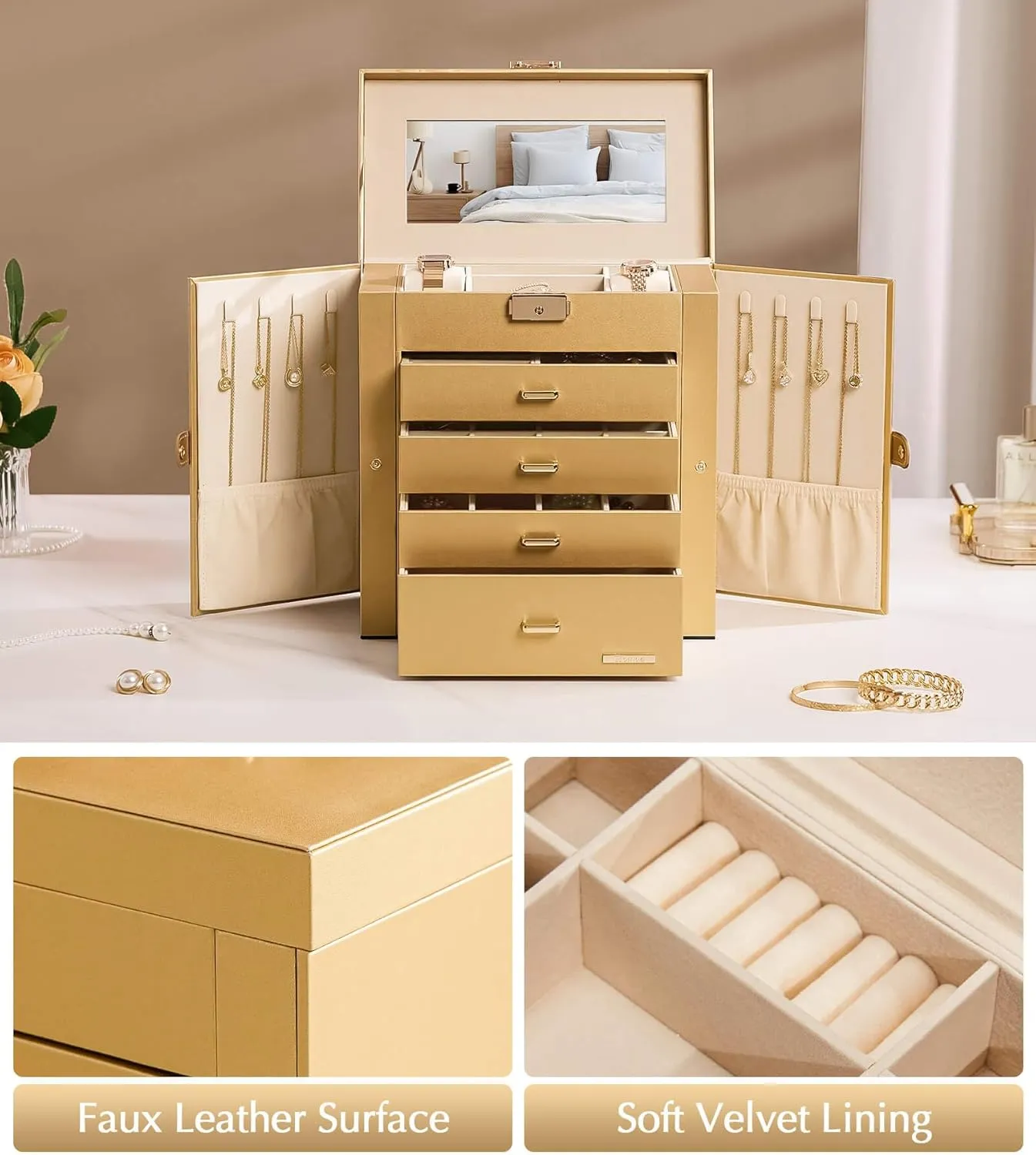 Homde Synthetic Leather Huge Jewelry Box Mirrored Watch Organizer Necklace Ring Earring Storage Lockable Gift Case (Gold)
